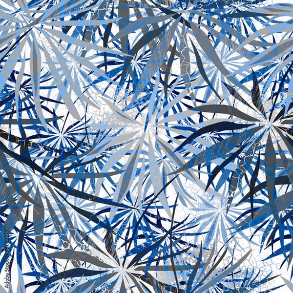 Fototapeta Seamless tropical pattern with blue, gray palm leaves on a white background.