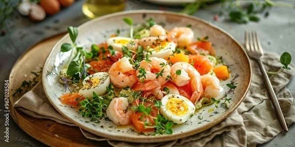 Fototapeta Plate of Olivier salad with shrimp salmon and quail eggs
