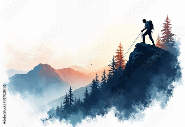 Obraz Silhouette of a rock climber on a mountain Against white plain background