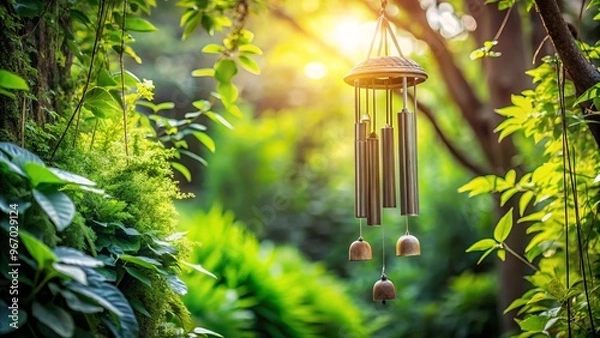 Fototapeta In harmony with their surroundings, delicate wind chimes dance among the verdant foliage, their soft sounds blending