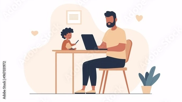 Fototapeta Dad Working From Home with Child 