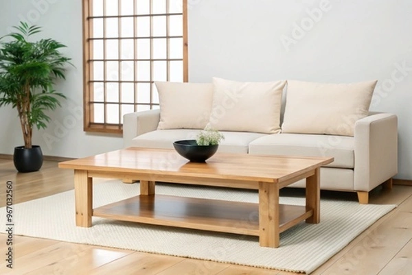 Fototapeta Rustic coffee table near white fabric sofa against window Japandi style home interior design of modern living room