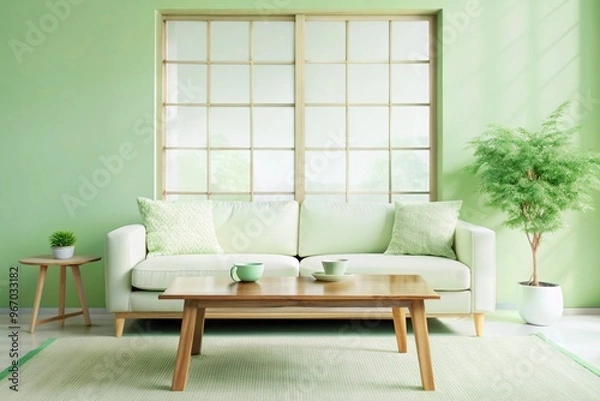 Fototapeta Rustic coffee table near white fabric sofa against window Japandi style home interior design of modern living room