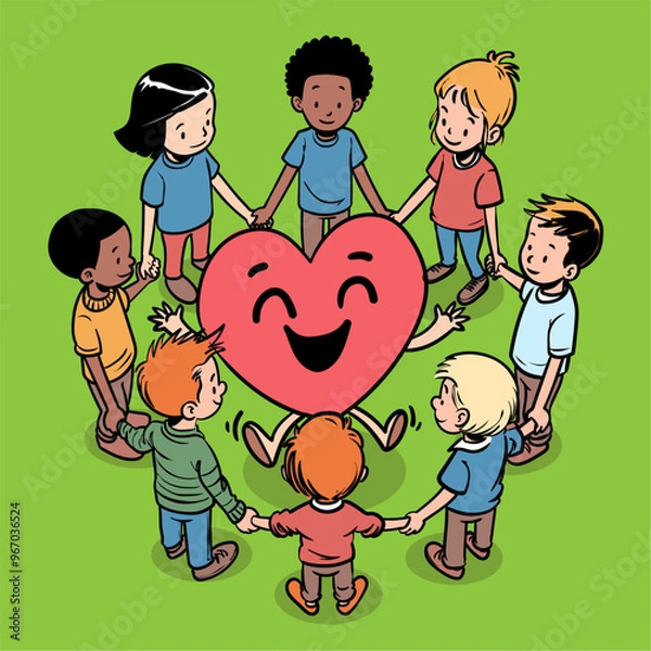 Fototapeta Celebrate World Heart Day with this heartwarming vector of diverse children holding hands around a heart. Perfect for promoting unity, heart health, and love across all communities.