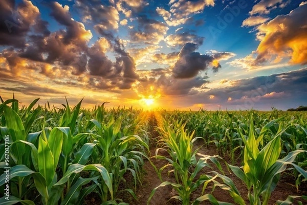Fototapeta Vibrant corn field with a stunning sunset and clouds in a forced perspective