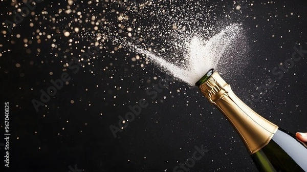 Obraz People jubilantly opening a champagne bottle, with the cork flying and the bubbly liquid spraying in a joyous burst. Perfect for celebrating special occasions, parties, and festivities.