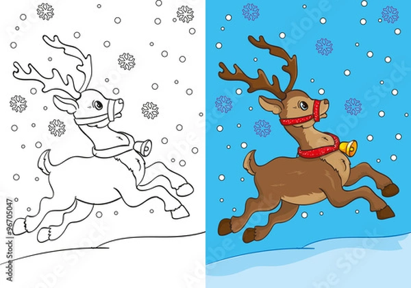 Obraz Coloring Book Of Christmas Deer Running On Snow