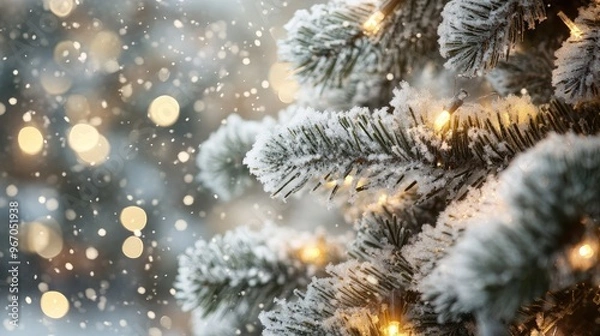 Obraz Snowy Christmas tree branches with sparkling lights and frosted glass ornaments. Focal point. No people. No logo.