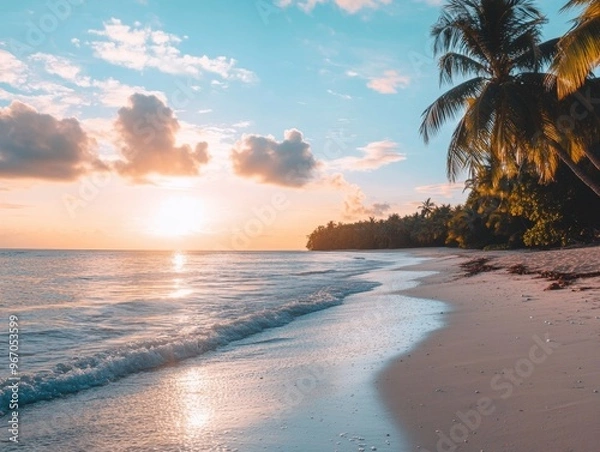 Fototapeta Sunset glow over tranquil beach with palm trees in a serene coastal paradise