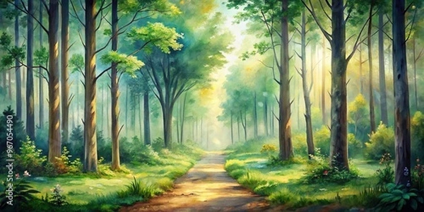 Fototapeta watercolor forest background with path