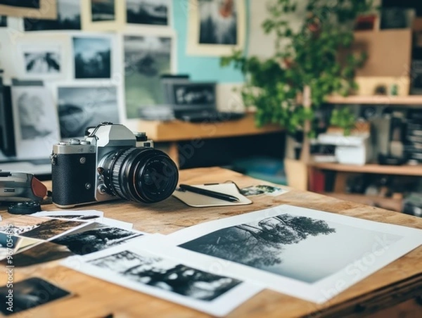 Fototapeta Capturing memories in a creative workspace filled with photography and artistic prints