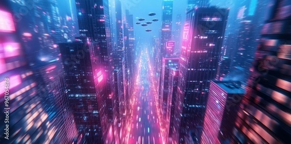 Fototapeta Futuristic Cityscape with Neon Lights and Flying Vehicles