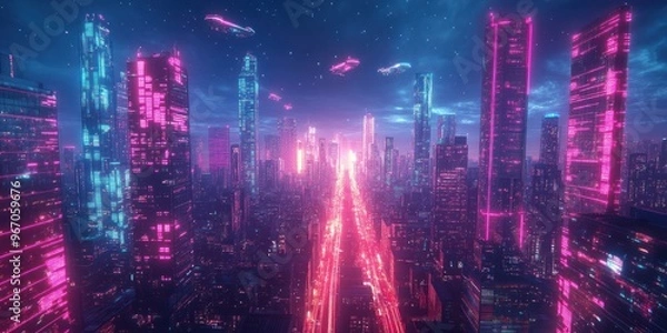 Obraz Futuristic Cityscape with Neon Lights and Flying Vehicles
