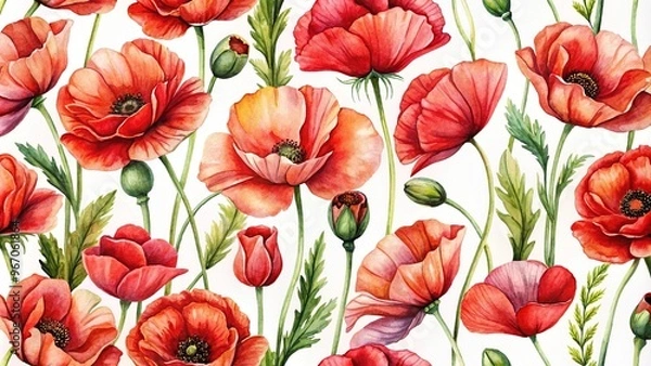 Obraz watercolor pattern of red poppies on white background close-up