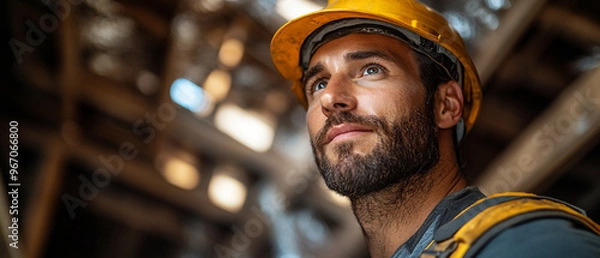 Fototapeta A focused construction worker wearing a yellow hard hat, standing in a partially completed building, showcasing determination and safety.
