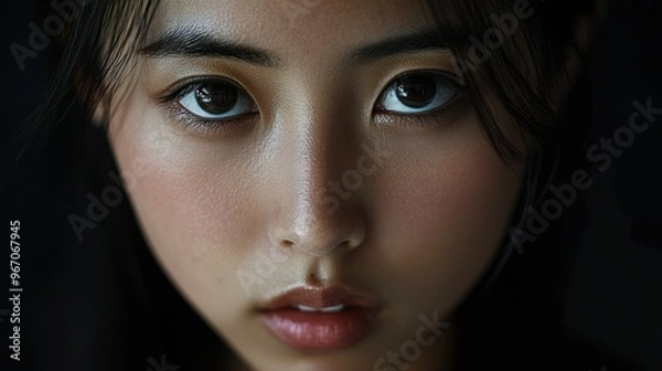 Fototapeta Close-up Portrait of a Woman's Face with Dark Hair and Intense Eyes
