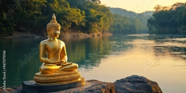 Fototapeta A golden Buddha statue by a calm river, reflecting peaceful energy
