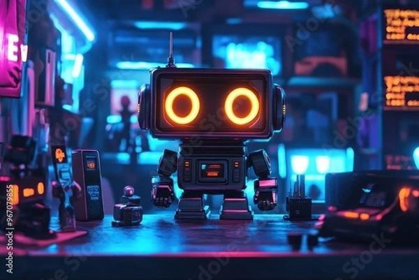 Fototapeta Retro Futuristic Robot with Glowing Eyes in Neon Lit Room