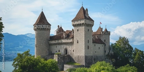 Obraz A medieval stone castle with towering turrets standing proudly on a hill