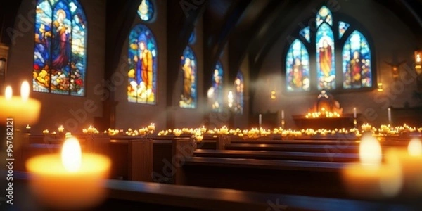 Obraz A peaceful church interior with colorful stained glass windows and flickering candlelight 
