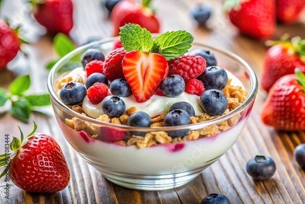 Obraz Wholesome breakfast choice of muesli and yogurt with mixed berries