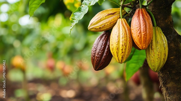 Fototapeta fresh and ripe cocoa pods in the garden