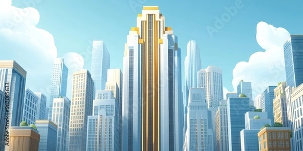 Fototapeta An Art Deco skyscraper with symmetrical lines and gold accents, standing out in the cityscape 