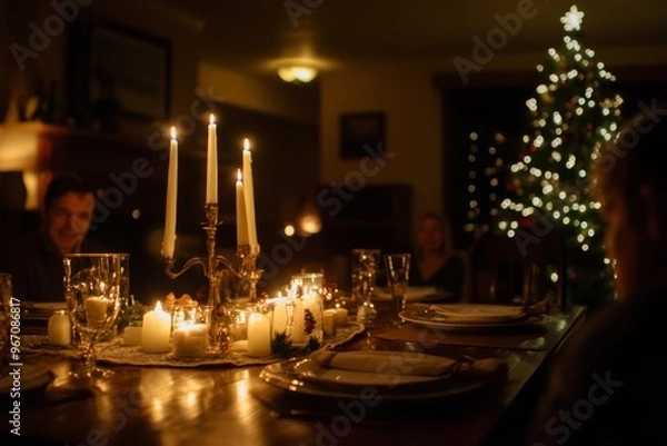Fototapeta A Candlelit Table Setting with a Blurred Christmas Tree in the Background