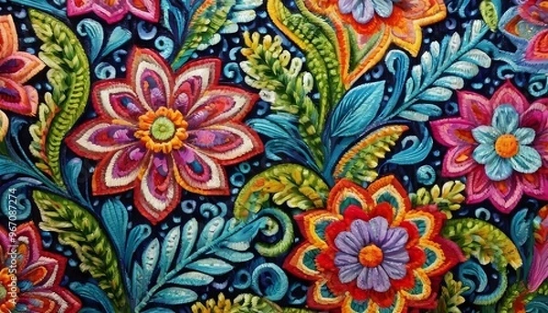Fototapeta hispanic textile, vibrant Hispanic textile showcasing intricate patterns and bold colors such as red, yellow, green, and blue, representing traditional Latin American craftsmanship