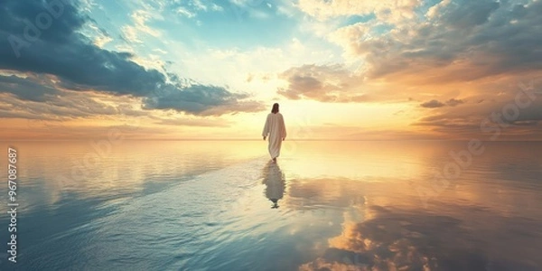 Obraz Jesus walking on the calm ocean waters under a serene sky, clouds parting above him