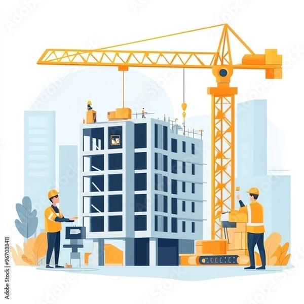 Fototapeta Construction workers building a modern structure with a crane in an urban environment. Engineering teamwork in action.