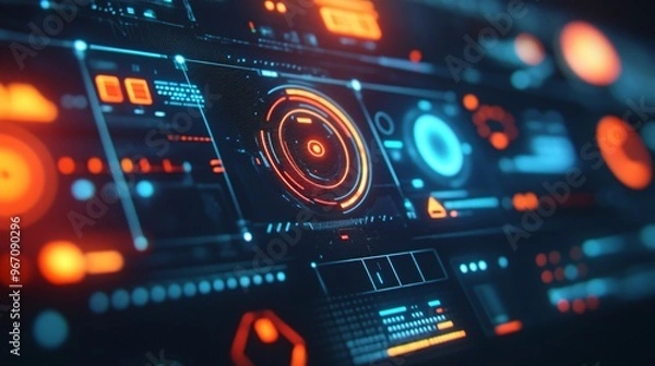 Fototapeta Futuristic digital interface featuring vivid blue and orange glowing elements.