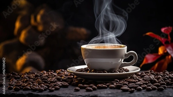 Fototapeta Steaming cup of coffee with beans and a warm fireplace background. Cozy winter morning concept.