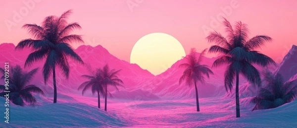 Fototapeta A tropical landscape with a pink and orange sunset in the background