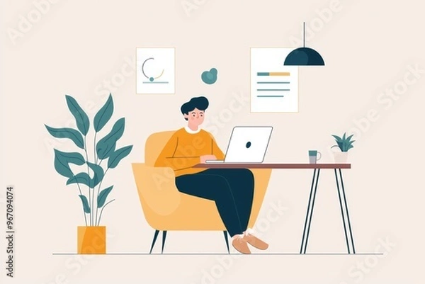 Fototapeta A Focused Business Professional Sitting at Home Engaged in Work during the Day, Surrounded by a Cozy and Modern Setup