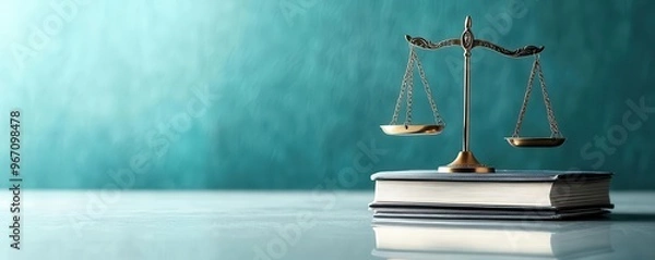 Fototapeta A balanced scale of justice in front of a law book, representing the delicate balance between legal authority and ethical judgment