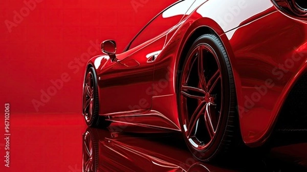 Fototapeta A sleek red sports car showcasing its dynamic curves and modern design against a vibrant red backdrop, highlighting its elegance.