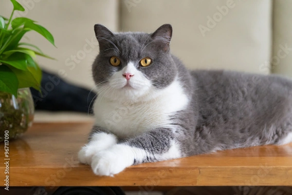 Fototapeta British shorthair cat lying on table