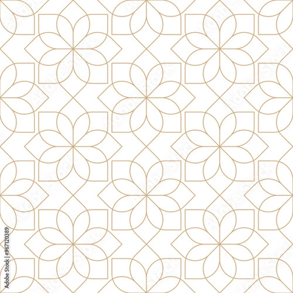 Obraz Gold and white thin line seamless vector pattern. Geometric linear flower pattern. Oriental art deco texture background.