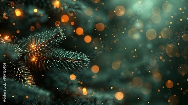 Fototapeta Glistening pine branches adorned with soft, warm lights during a serene winter evening