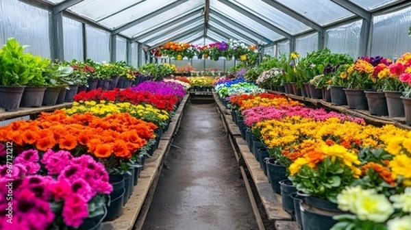Fototapeta a greenhouse full of colorful vibrant flowers plants