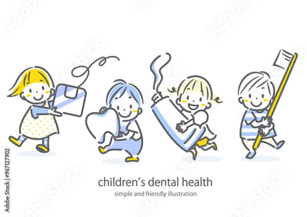 Fototapeta 子供の歯の健康のイメージイラスト　シンプルでお洒落な線画イラスト