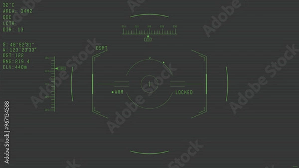 Fototapeta War drone camera viewfinder overlay. Template for military drone cam rec. Camera frame vector template. Green lines Ui on black background. Fantasy combat drone UI frame for games and video, photo.