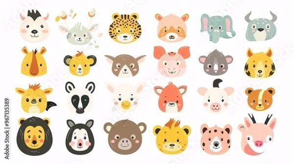 Fototapeta 59. A big set of endearing animal faces, including a variety of zoo, wild, farm, pet, rodent, and reptile animals, illustrated in a cute kawaii style on a white background, ideal for baby designs
