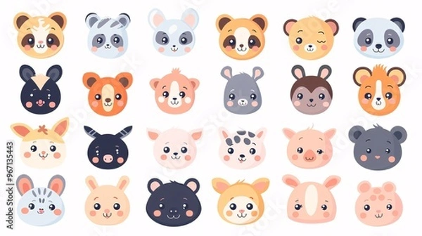 Fototapeta 59. A big set of endearing animal faces, including a variety of zoo, wild, farm, pet, rodent, and reptile animals, illustrated in a cute kawaii style on a white background, ideal for baby designs