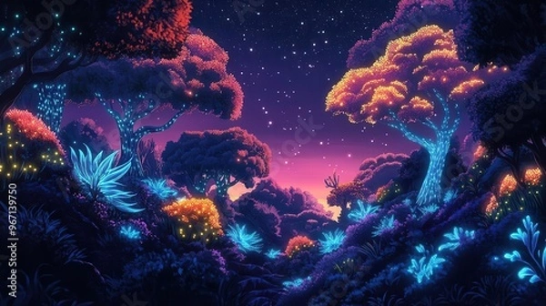 Fototapeta Illustrate a magical forest at eye-level angle, with bioluminescent plants glowing in neon hues under a dark sky Use digital painting techniques for detailed foliage