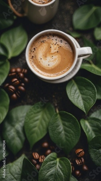 Fototapeta Blank Notebook and Coffee Cup Surrounded by Lush Green Leaves.