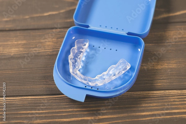 Fototapeta Dental splint mouth guard. TMJ splint disorder treatment. Occlusal splint. Prevent bruxism. Mouth guard for TMJ in box. Teeth protection. Pain in jaw. Teeth grinding.