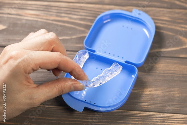 Fototapeta Woman takes Dental splint mouth guard from the box. TMJ splint disorder treatment. Occlusal splint. Prevent bruxism. Mouth guard for TMJ. Teeth protection. Pain in jaw. Teeth grinding.