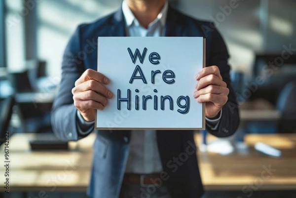 Fototapeta A man in a professional business environment holding a We Are Hiring sign, emphasizing job openings and recruitment opportunities in a corporate atmosphere.
